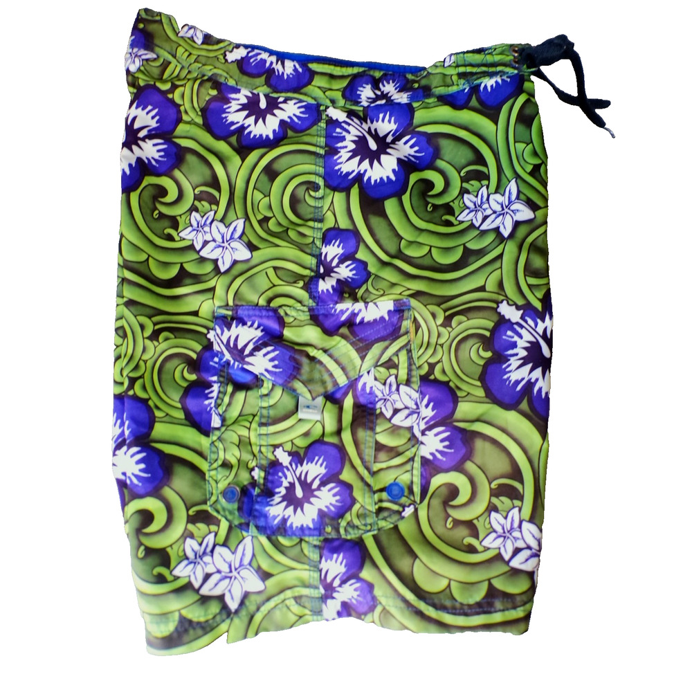 Y2k O'neill Board Shorts 32 x 9 Vibrant Green Purple Hibiscus Beach Swim Surf